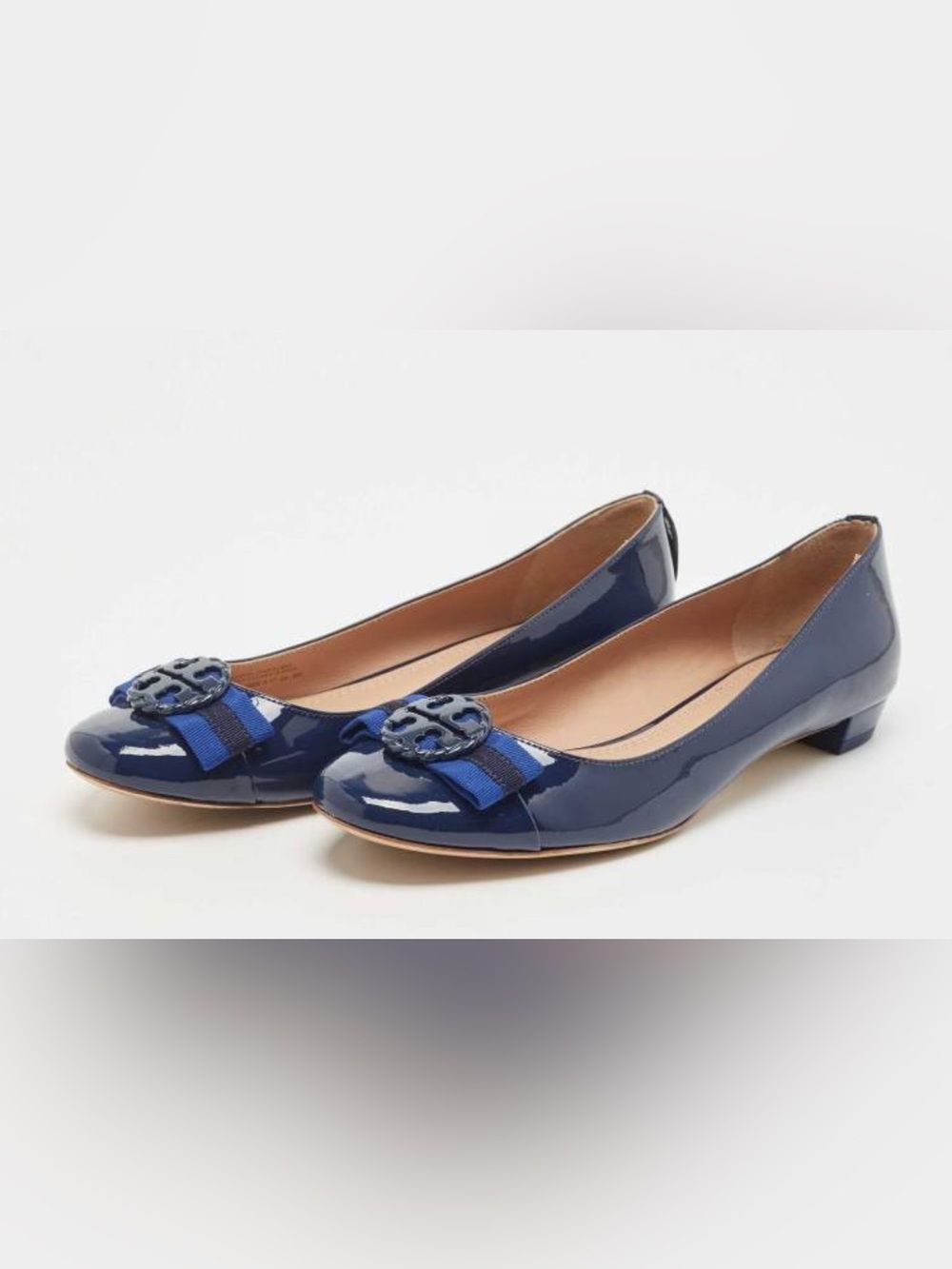 Tory Burch Navy Patent Leather Ballet Flats Logo Bow Sz 6.5M